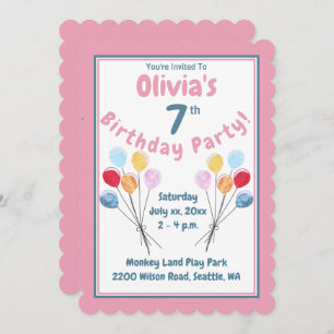 Girls Birthday Party Pink Balloons  Invitation