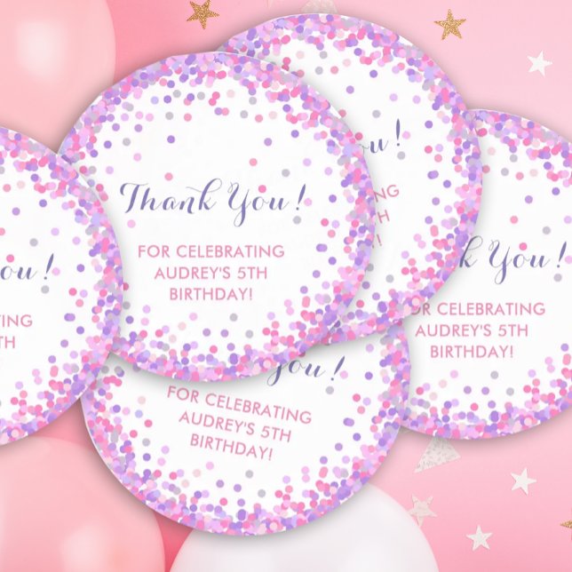 Girl's Birthday Party Thank You Stickers (Pink and purple confetti stickers)