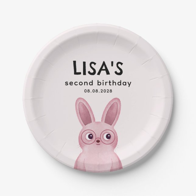 Girl's birthday party with pink baby bunny paper plate (Front)