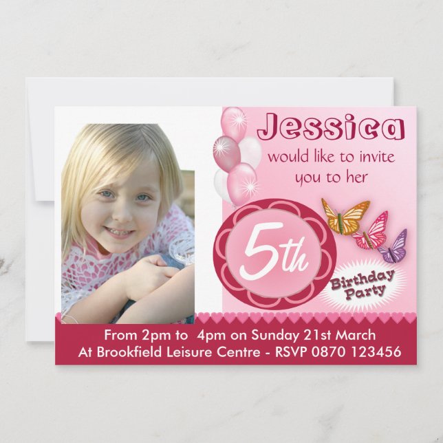 Girls Birthday Photo Invitation Balloons - Any Age (Front)