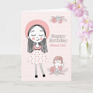 Girl's Birthday Pink and Black with Name and Cat Card