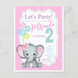 Girls birthday pink elephant invitation postcard