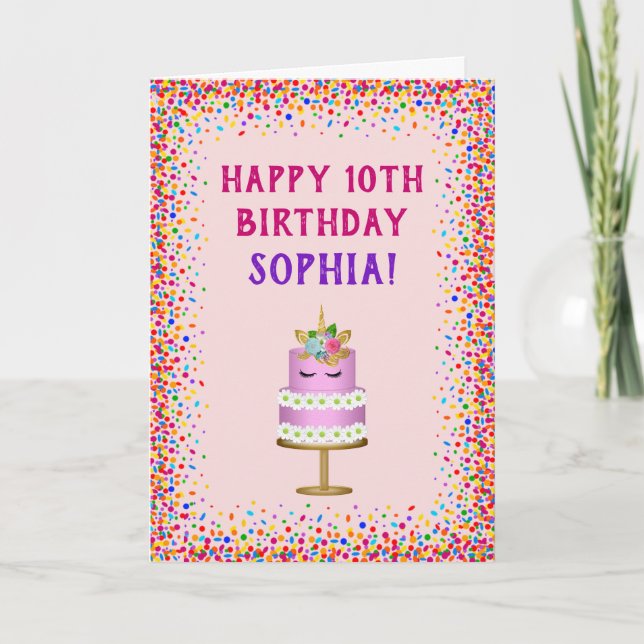 Girls Birthday Pink Unicorn Cake Rainbow Confetti Card (Front)