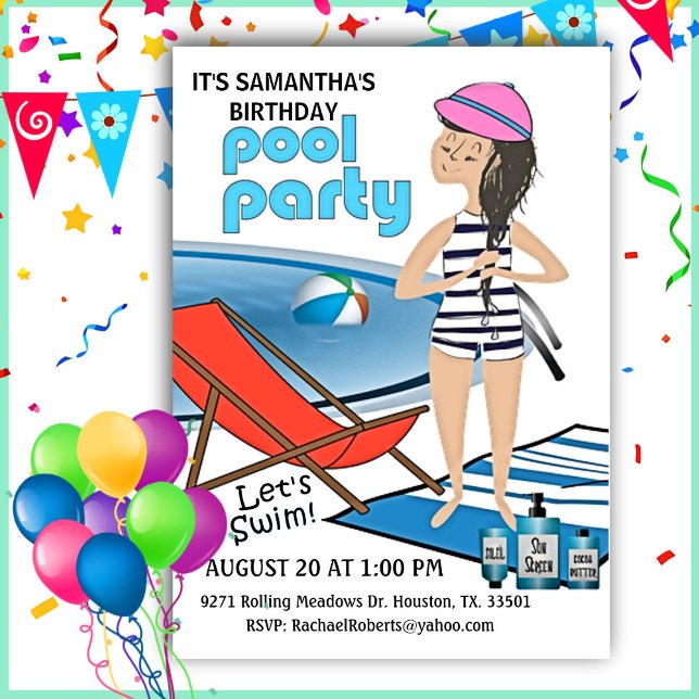 Girl's Birthday Pool Party Let's Swim Invitation (Creator Uploaded)
