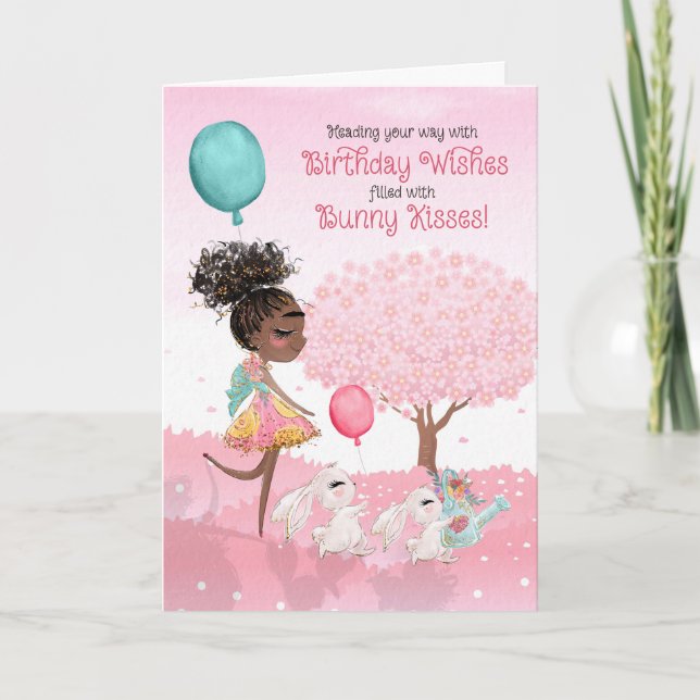 Girls Birthday Wishes Bunny Kisses Brown Girl Card (Front)