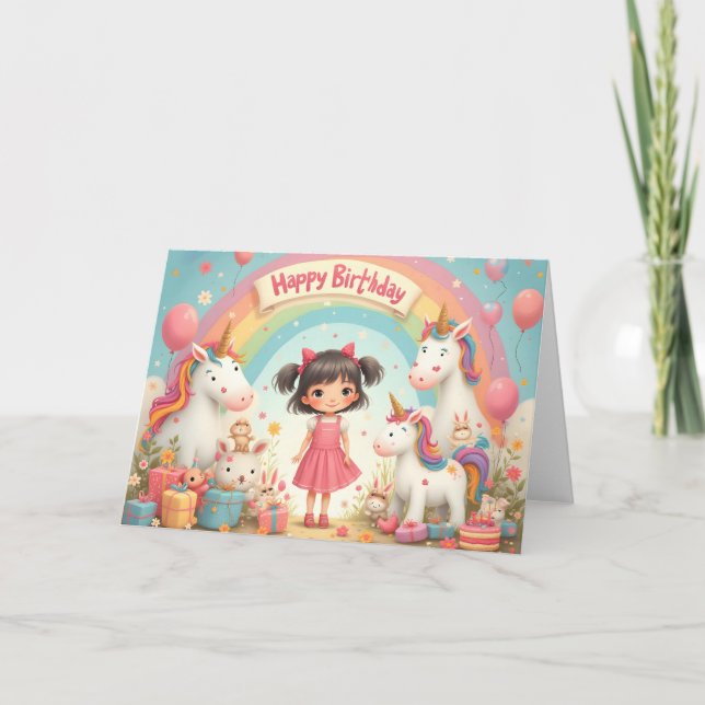 Girl's Birthday with Unicorns & Rainbow Card (Front)