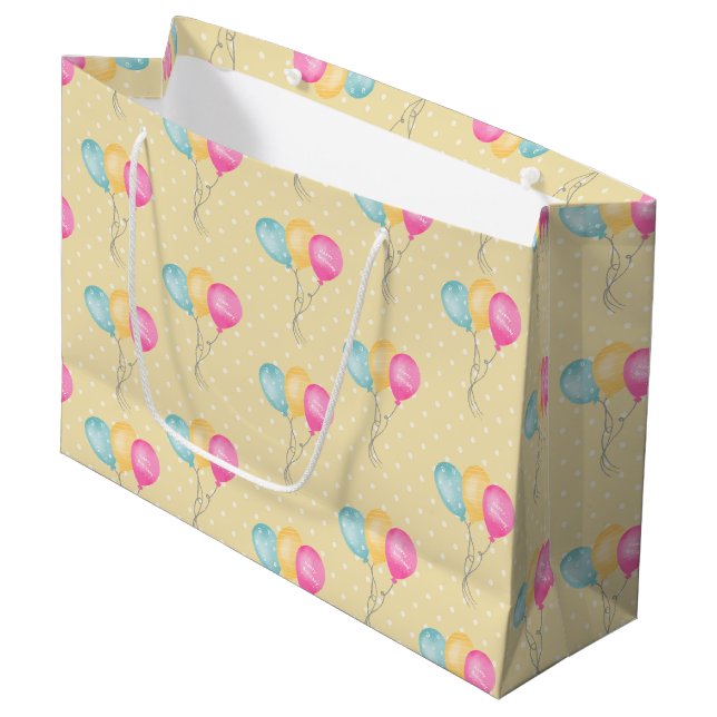 Girls Birthday Yellow Polka Dots And Balloons Large Gift Bag (Front Angled)
