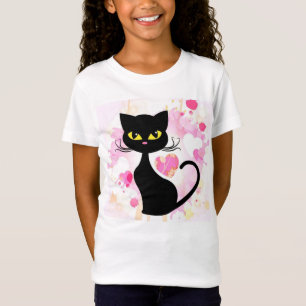 Girl's Black Cat With Pink Hearts T-shirt