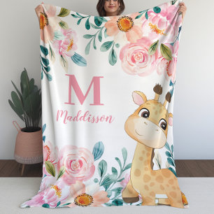 Girls Blanket  Floral with Giraffe Monogram