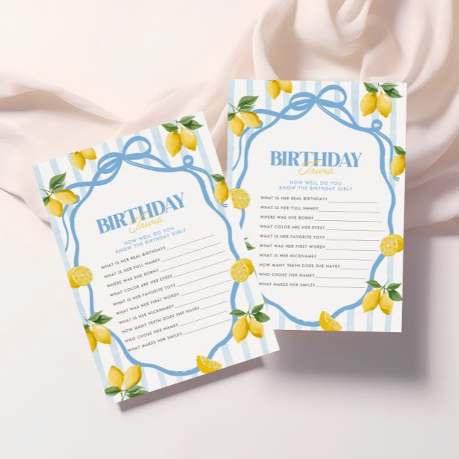 Girls Blue Lemon Amalfi 1st Birthday Trivia Game Card (Creator Uploaded)