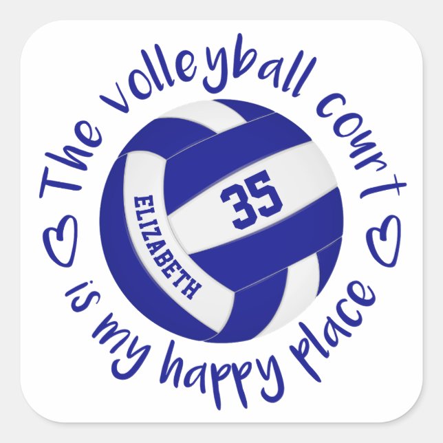 girls blue white volleyball happy place typography square sticker (Front)