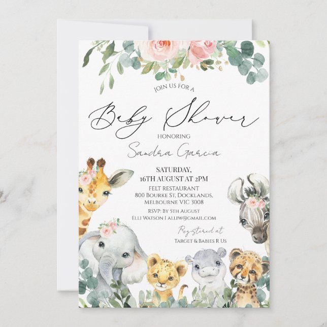 Girls Blush Floral Foliage Safari Baby Shower Invitation (Front)