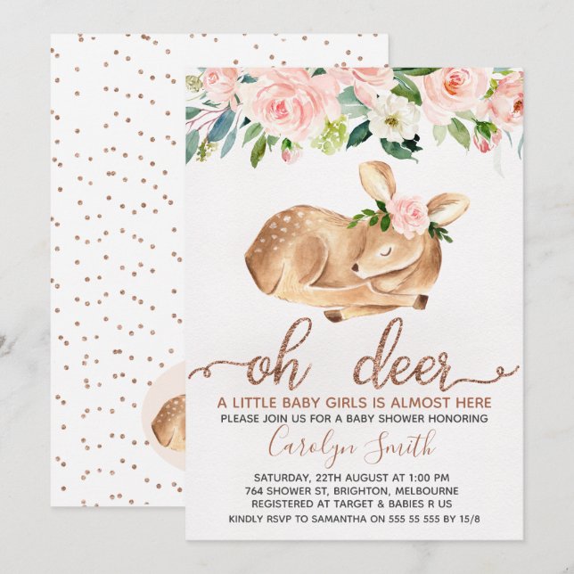 Girls Blush Floral Oh Deer Baby Shower Invitation (Front/Back)