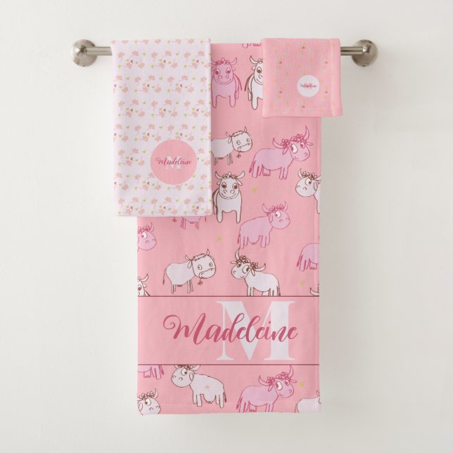 Girls Boho Farmhouse Funny Cows Pink Monogram Name Bath Towel Set (Insitu)
