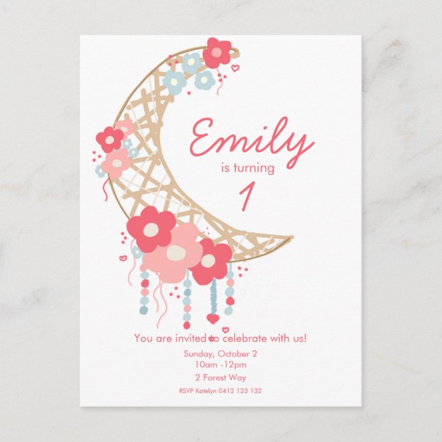 Girls Boho Moon Goddess Birthday Invitation Postcard (Front)