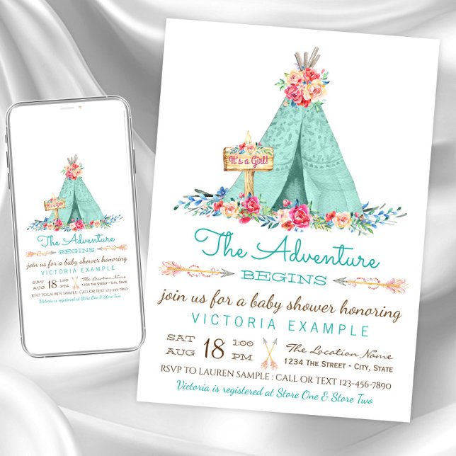 Girls Boho TeePee Baby Shower Invitations (Cute teepee baby shower invitation. Instant download and printed invitations available.)