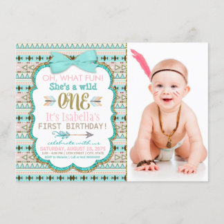 Girls Boho Tribal First 1st Birthday Party Invitation