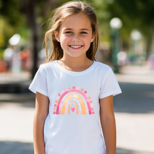 Girls Boho Watercolor Rainbow Heart in Pink T-Shirt