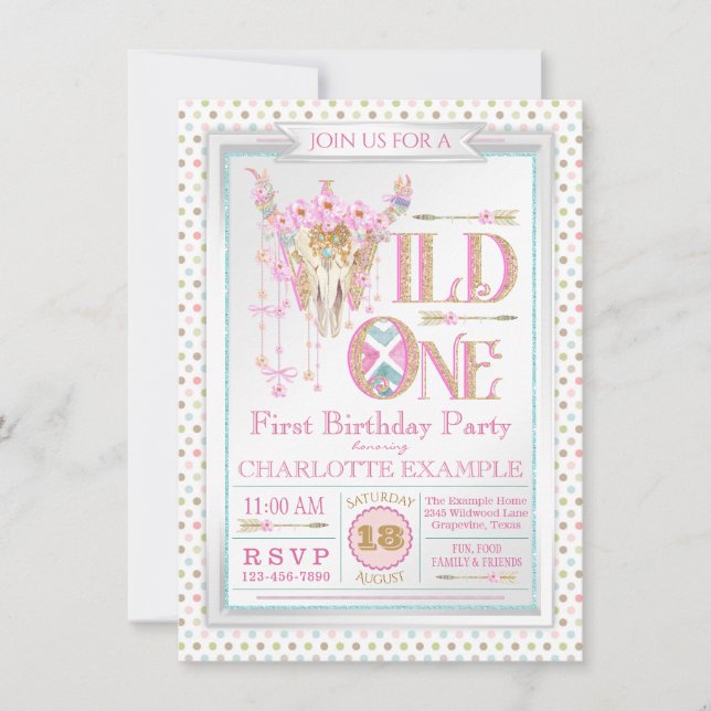 Girls Boho Wild One First Birthday Invitations (Front)