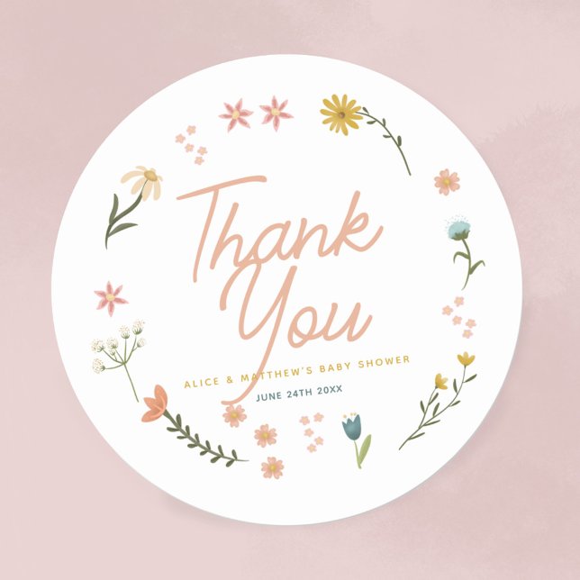 Girls Boho Wildflower Pink Baby Shower Favour Classic Round Sticker (Creator Uploaded)