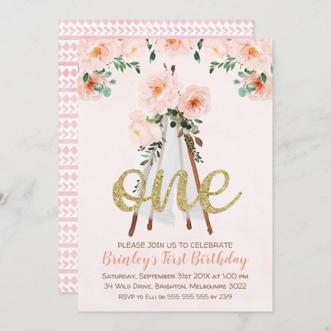 Girl's BohoTribal Teepee First Birthday Invitation (Front/Back)