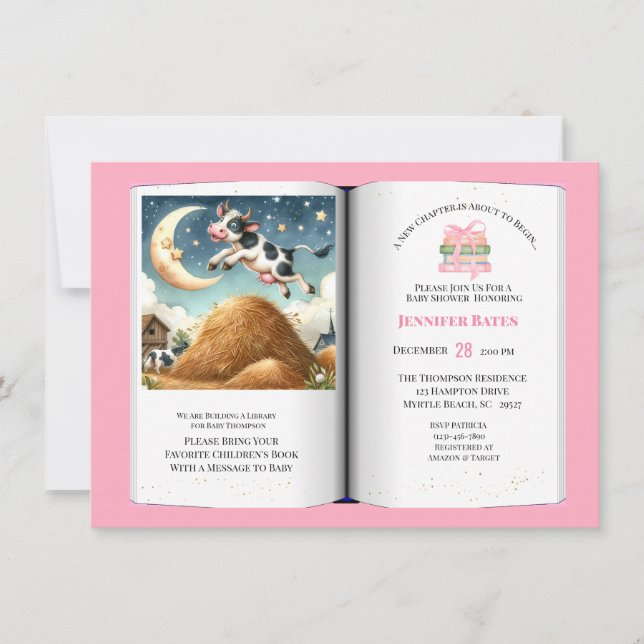 Girls Book Theme Baby Shower Cow Over the Moon  Invitation (Front)