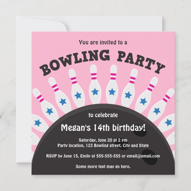 Girls bowling party invite with pins, pink version (Front)