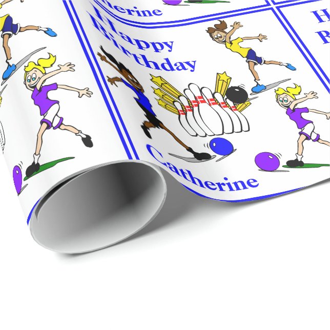 Girls Bowling  Personalised Birthday Gift Wrapping Paper (Roll Corner)