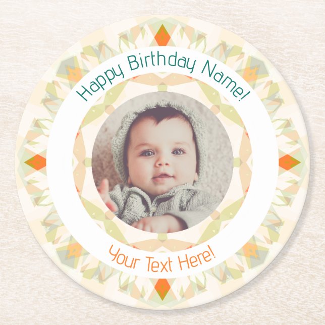 Girls Boys Autumn Happy Birthday Custom Age Photo Round Paper Coaster (Front)