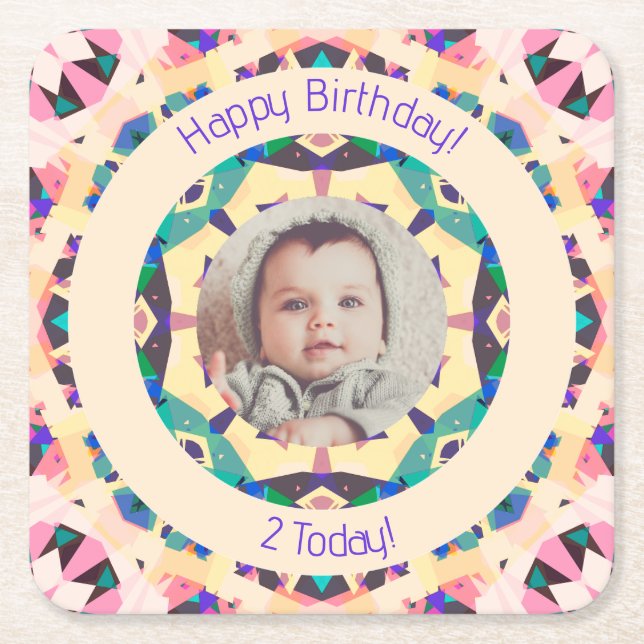 Girls Boys Happy Birthday Star Custom Age Photo Square Paper Coaster (Front)
