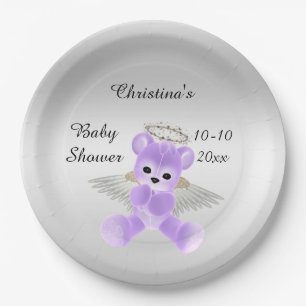 Girl's / Boy's Lilac Angel Teddy Bear Baby Shower Paper Plate