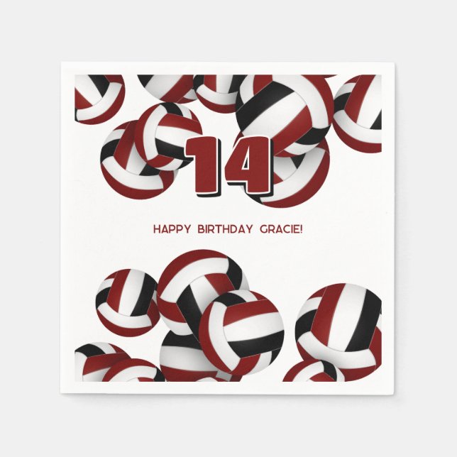 girls boys maroon black volleyballs birthday party napkin (Front)