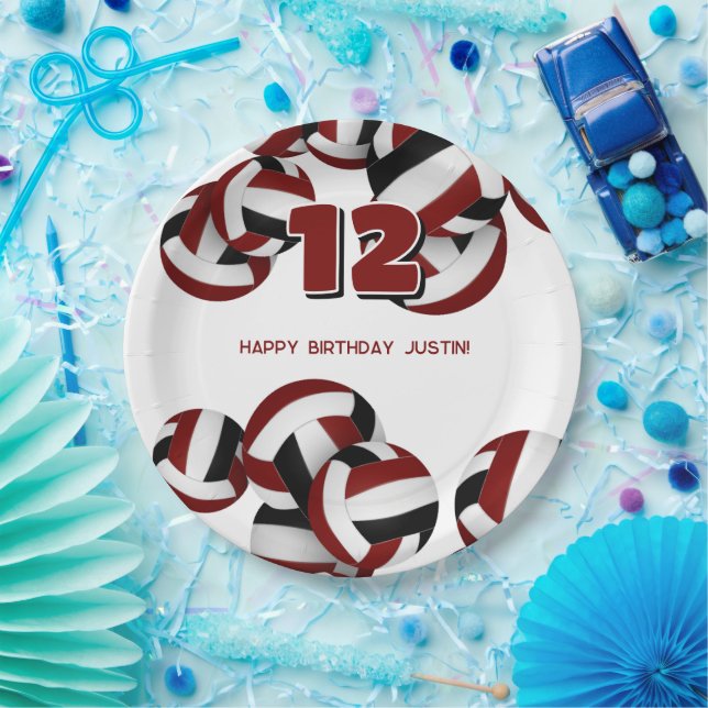 girls boys maroon black volleyballs birthday party paper plate (Party)