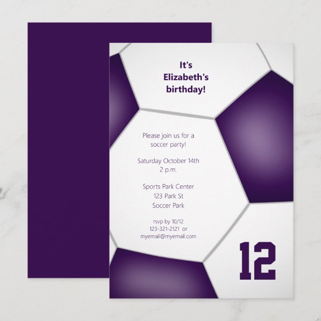 girls boys purple soccer birthday party sports invitation (Front/Back)