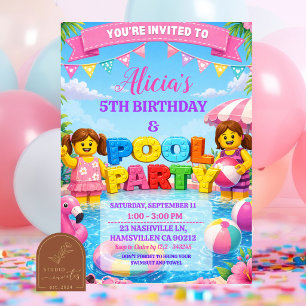 Girls Bricks Colourful Pool Birthday Party Invitat Invitation