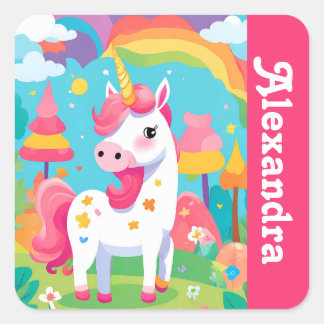Girl's Bright Pink Cute Unicorn Square Sticker