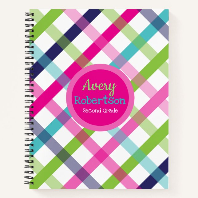 Girl's Bright Preppy Plaid Spiral Notebook (Front)