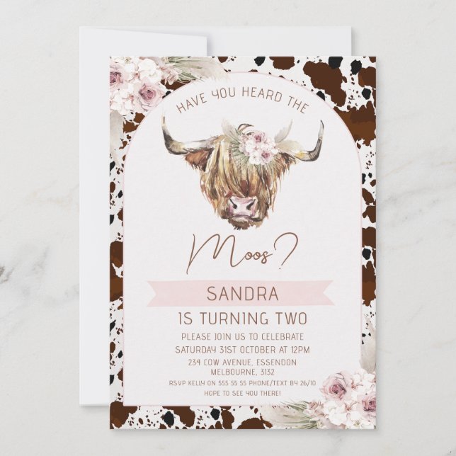 Girls Brown Highland Cow Cow Print Birthday Party Invitation (Front)