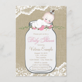 Girls Burlap Mason Jar Baby Shower Invitation