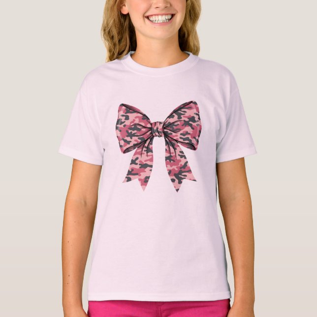 Girls Camouflage Pink Coquette Bow Old Camo Kids T-Shirt (Front)
