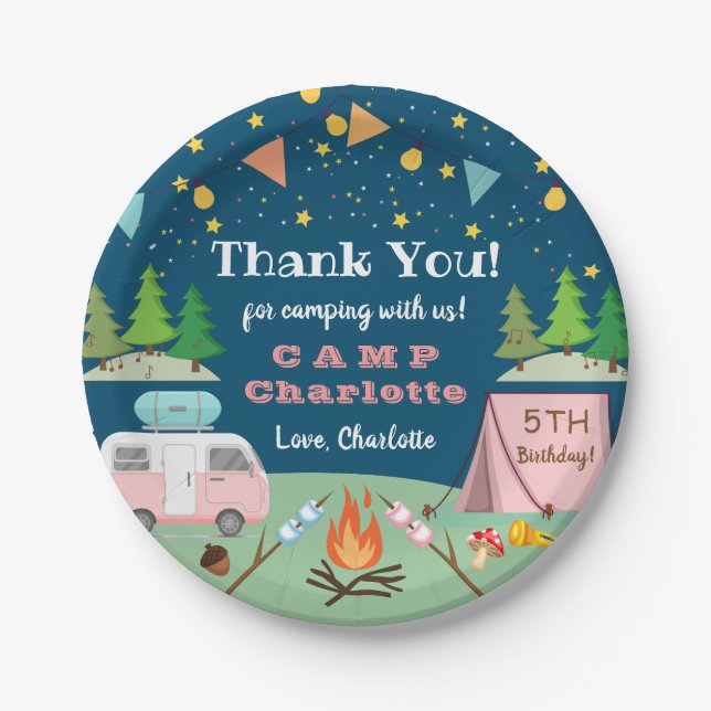 Girls Camping Birthday Camp Out Party Paper Plate (Front)