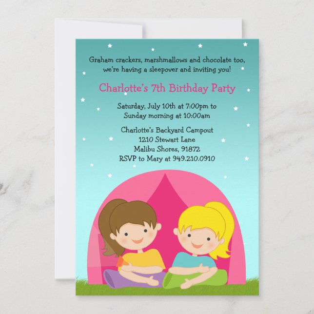 Girls Camping Birthday Party Invitation (Front)