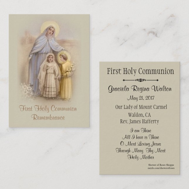 Girl's Catholic Holy Card for First Holy Communion (Front/Back)