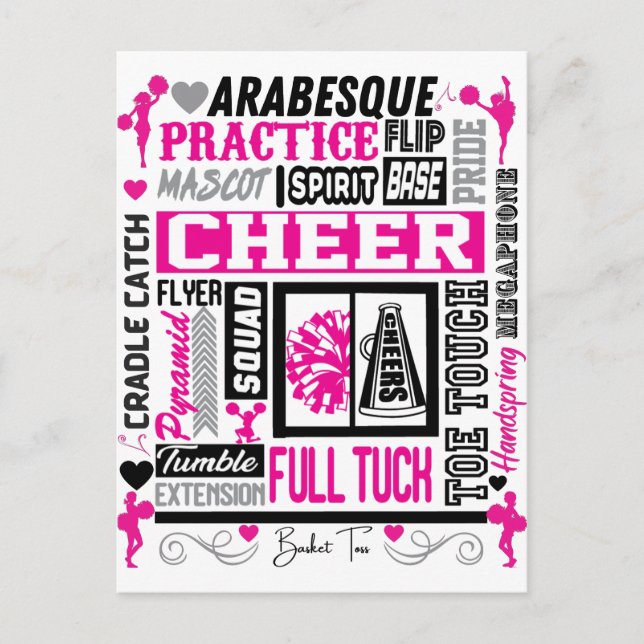 Girls Cheerleading Typography in Black and Pink  Postcard (Front)