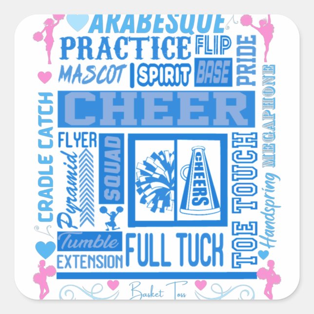 Girls Cheerleading Typography in Blue and Pink    Square Sticker (Front)