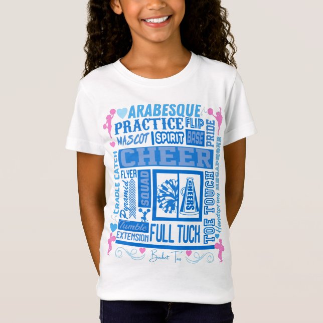 Girls Cheerleading Typography in Blue and Pink T-S T-Shirt (Front)