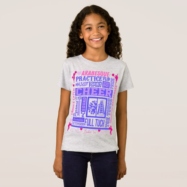 Girls Cheerleading Typography in Pink and Purple  T-Shirt (Front Full)