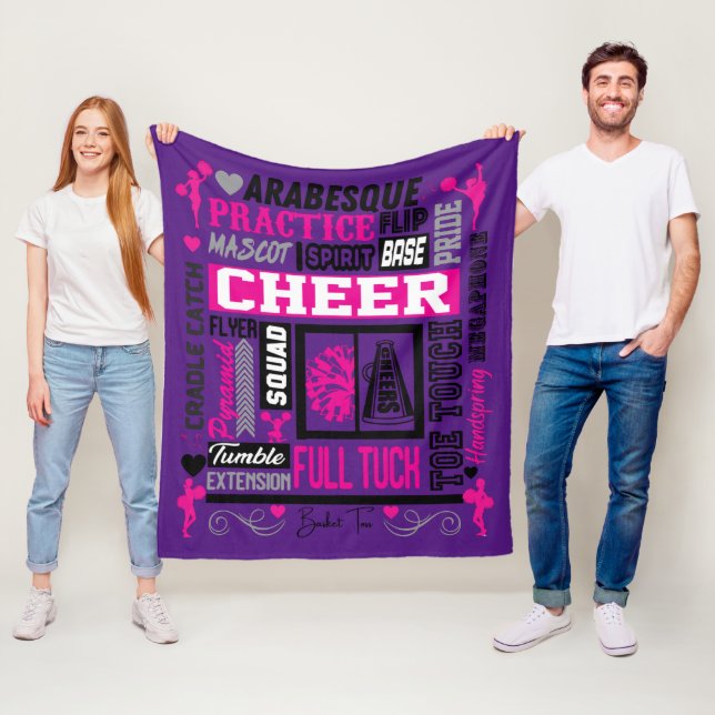 Girls Cheerleading Word Art in Black Pink Purple Fleece Blanket (In Situ)