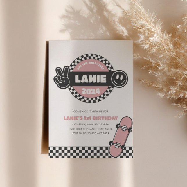 Girls' Chequered Skateboard Groovy Hippie Birthday Invitation (Creator Uploaded)