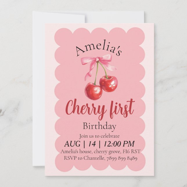 Girls Cherry First Birthday invitation  (Front)